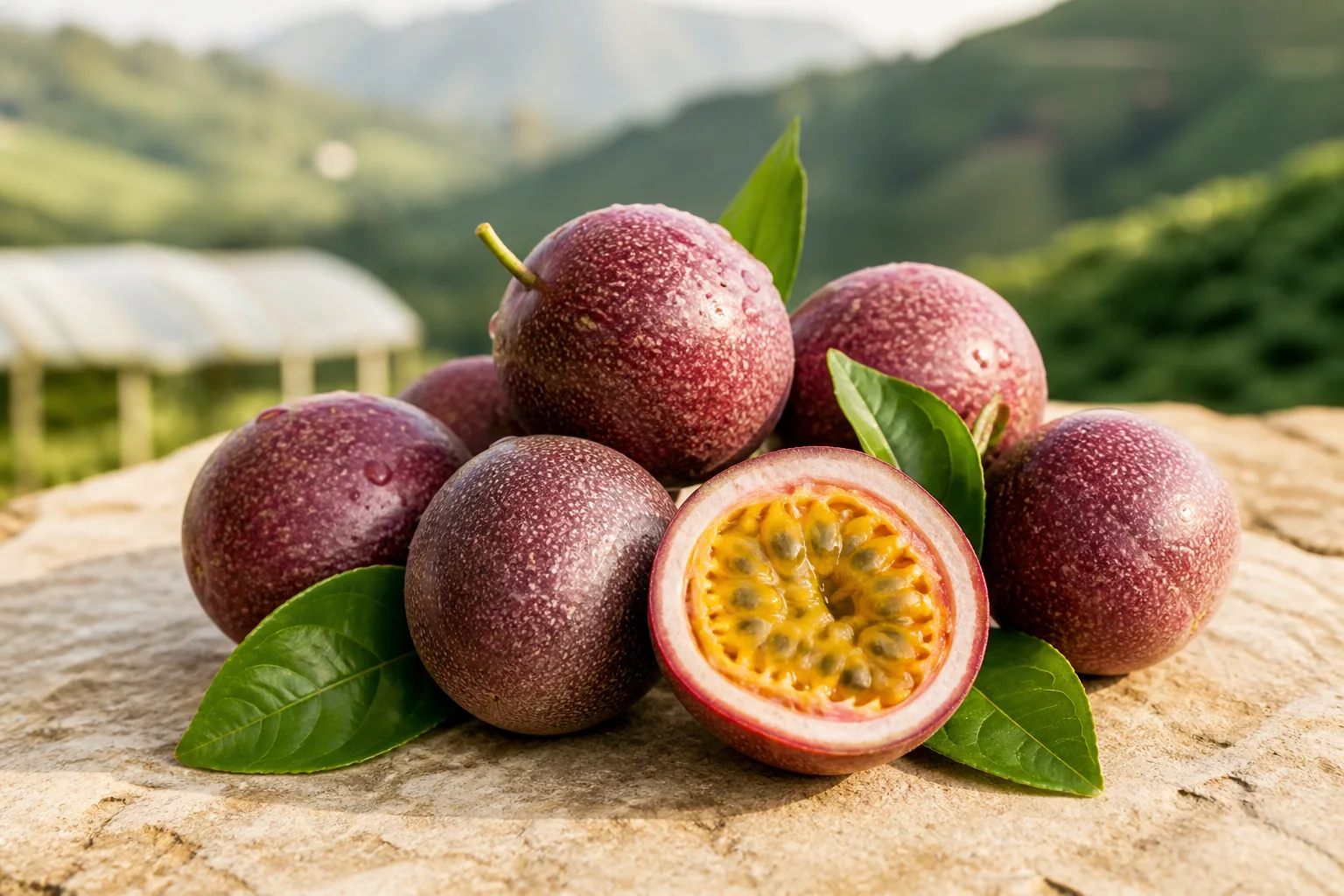 Ripe Yunnan passion fruit with one fruit cut open to reveal golden pulp
