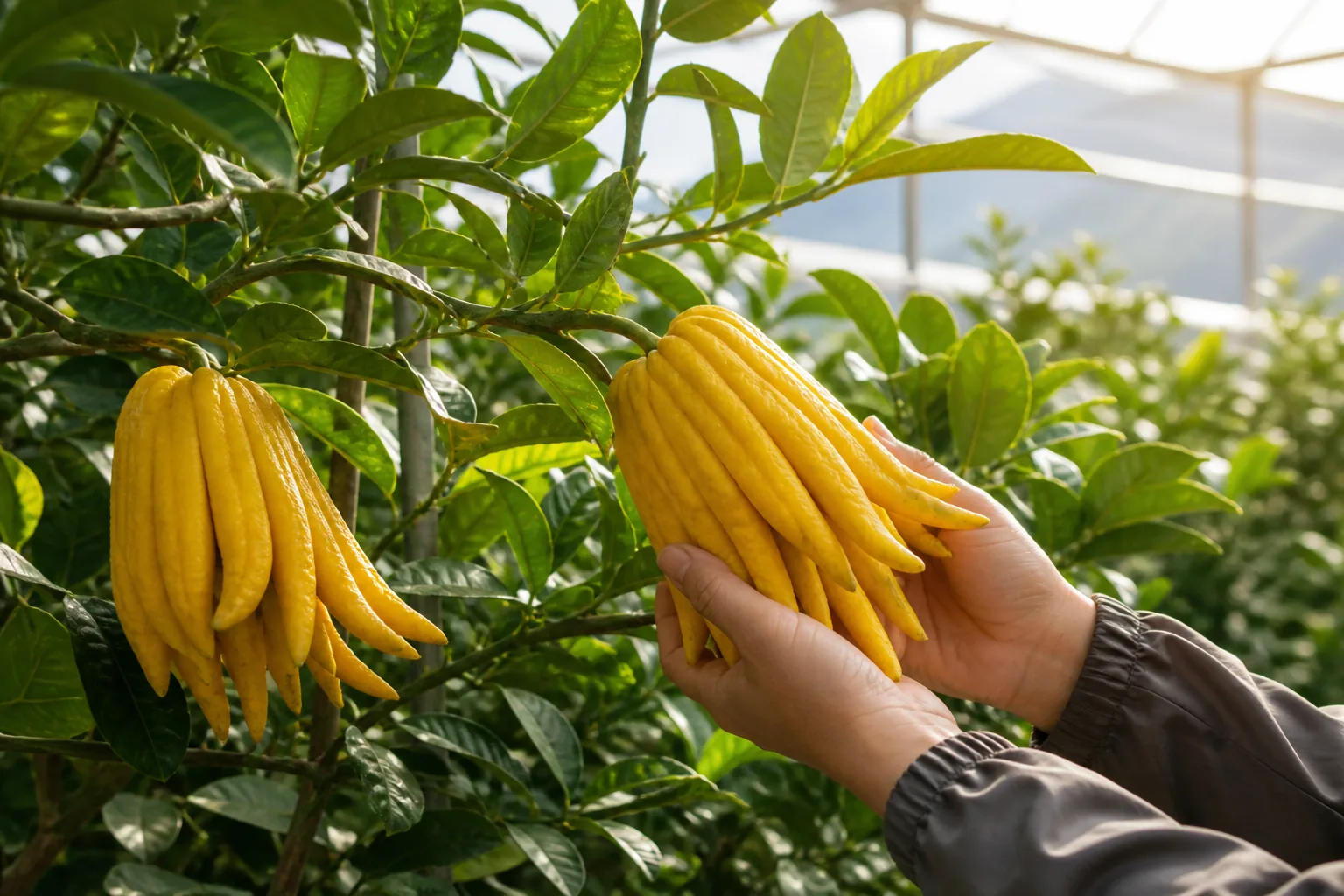 Ripe yellow Buddha's hand citron being harvested in a Yunnan greenhouse
