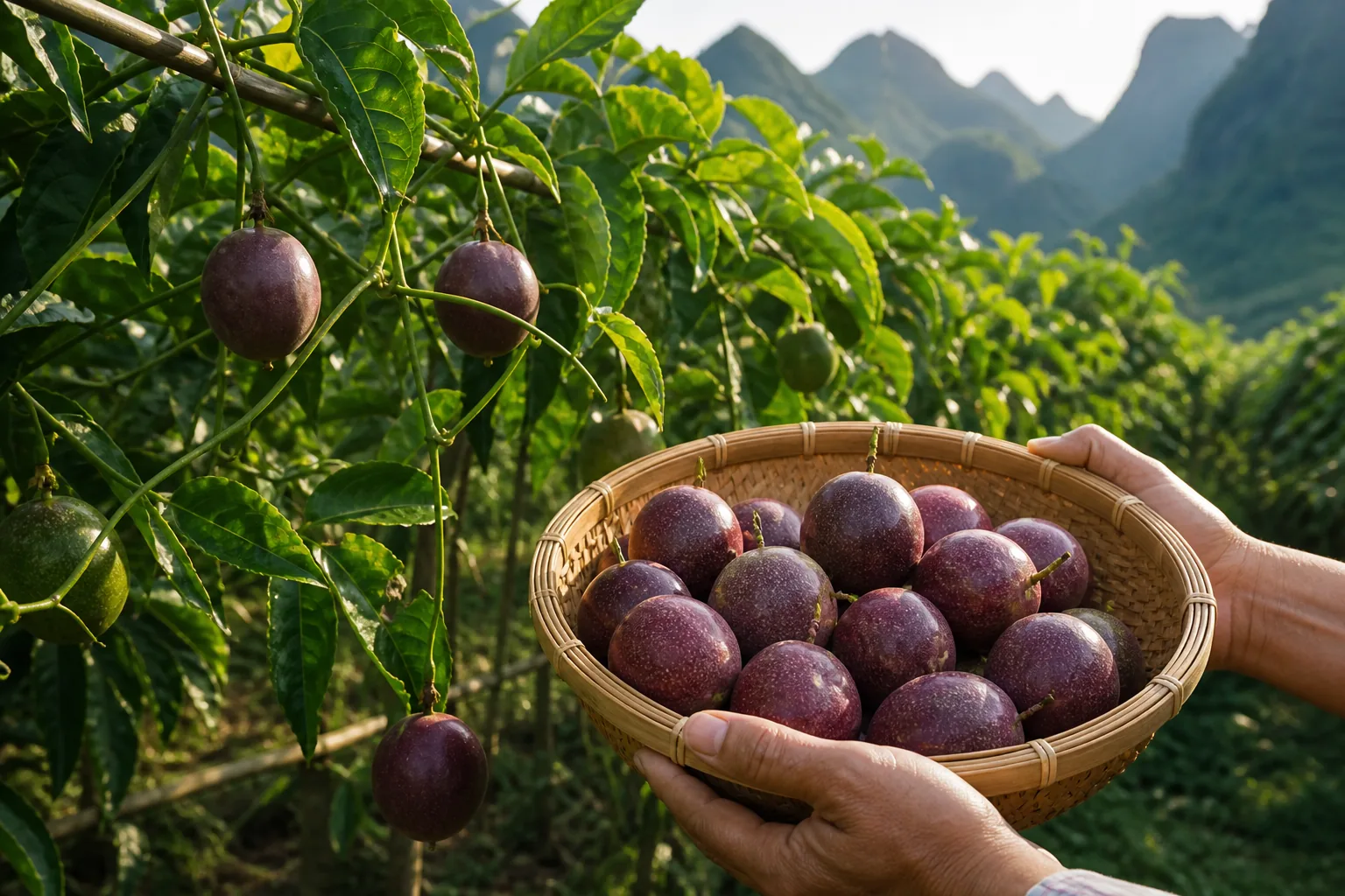 Ripe passion fruit being harvested in a Wenshan orchard