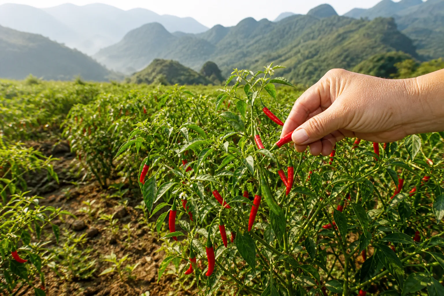 Ripe red Xiao Mi La chilies being picked in Wenshan