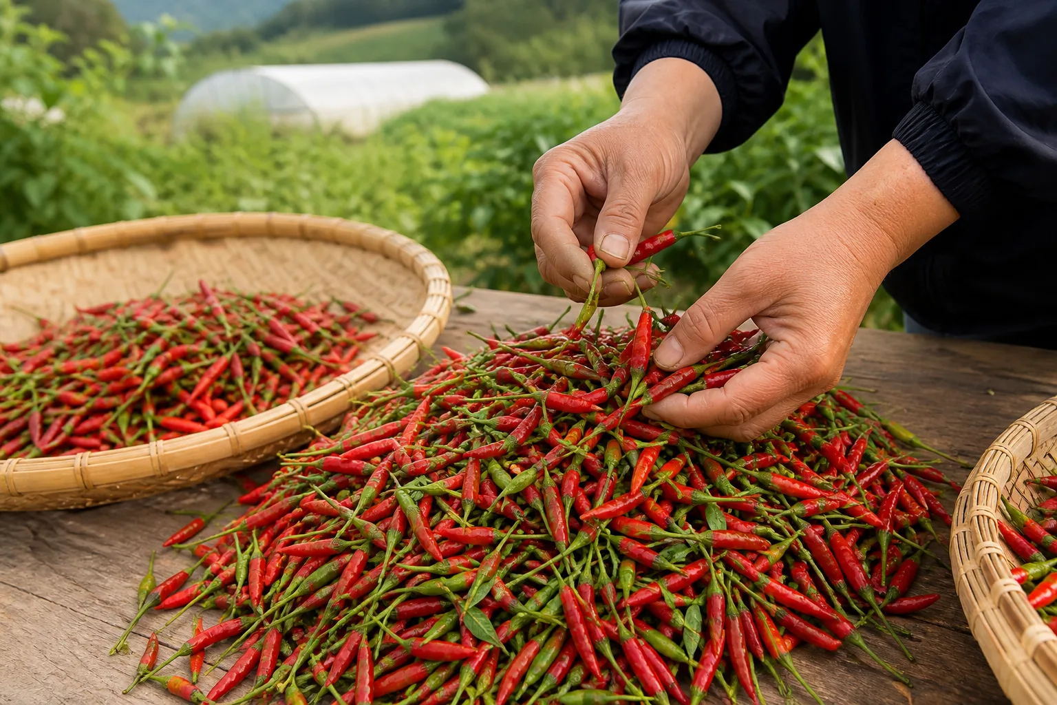 Fresh Wenshan Xiao Mi La chilies being hand sorted