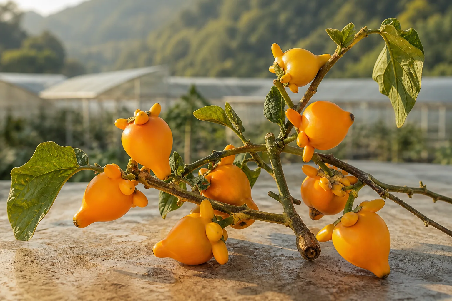 Golden Solanum mammosum ornamental fruit on natural stems